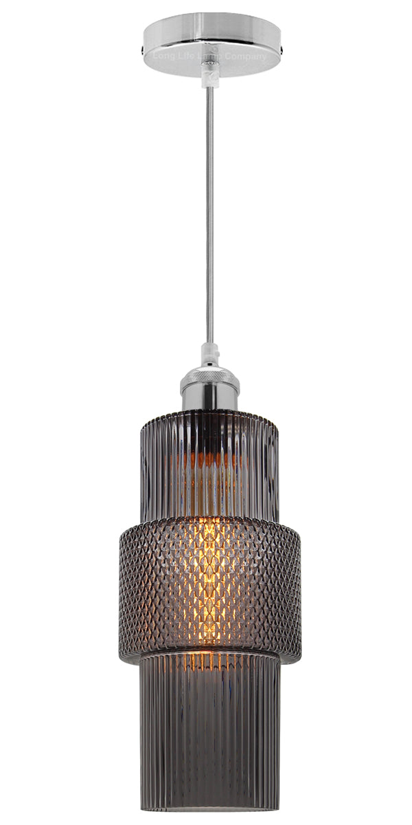 Modern Vintage Ceiling Pendant Lamp Shade Smoked Grey Cylindrical Glass H3045