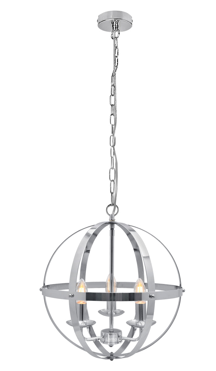 Industrial Ceiling 3 Light Globe Pendant Light Chrome Chained Lantern