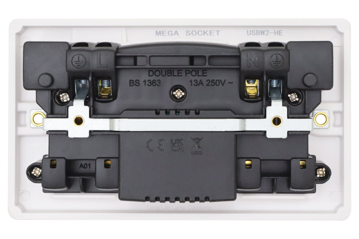 USB Double Wall Plug Socket 2 Gang 13A with 2 USB Charger Port Outlets White Socket Plate - Free delivery on all orders