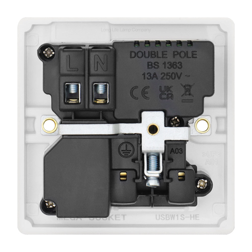1 Gang USB Switch Socket 13A Twin Port White Single Plug Wall Outlet USBW1S - Free delivery on all orders