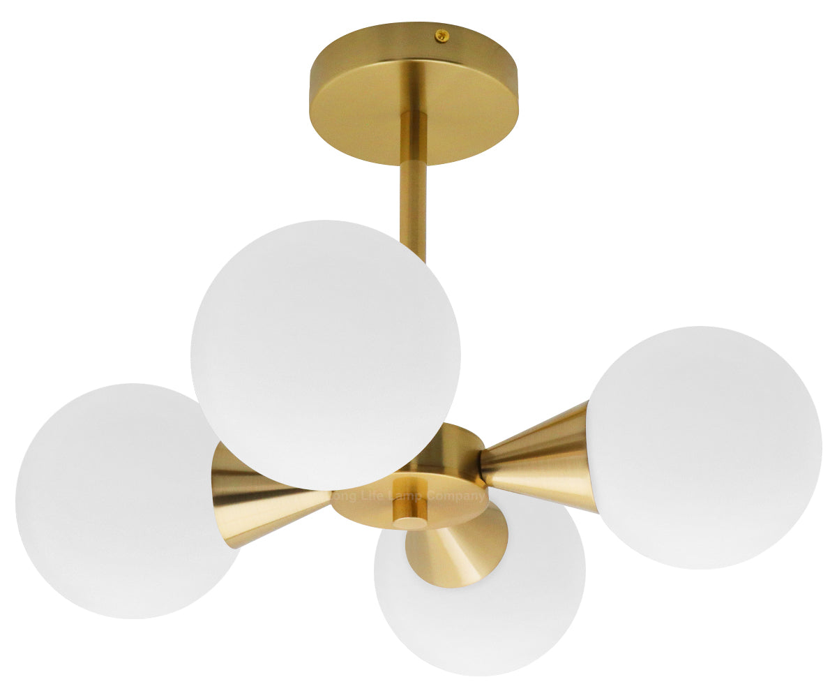 Antique Brass Ceiling Pendant Light with 4 Opal Globe Frosted Glass Lamp Shades