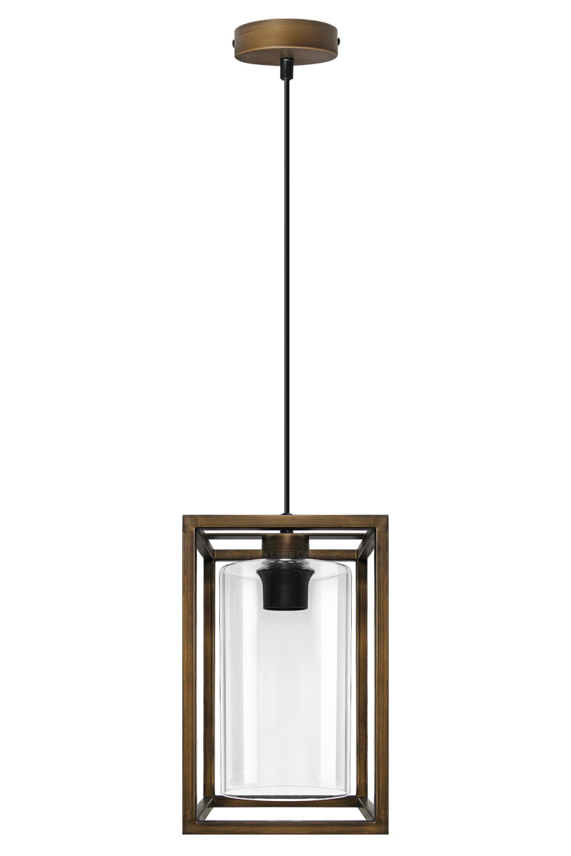 E27 Antique Brass Box Lantern Pendant Light 60W Clear Glass