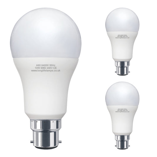 3 Pack 10w GLS LED Light Bulb Cool White B22 Bayonet A60