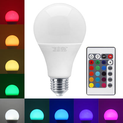 7w RGB LED Colour Changing Light Bulb Remote Control High Brightness Built in Memory E27