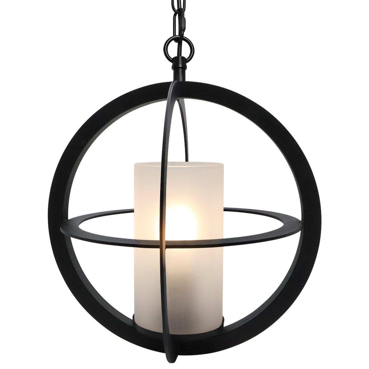 Industrial 3 Ring Ceiling Pendant Light Black Metal Chain Suspended Frosted Glass Lamp Shade K441