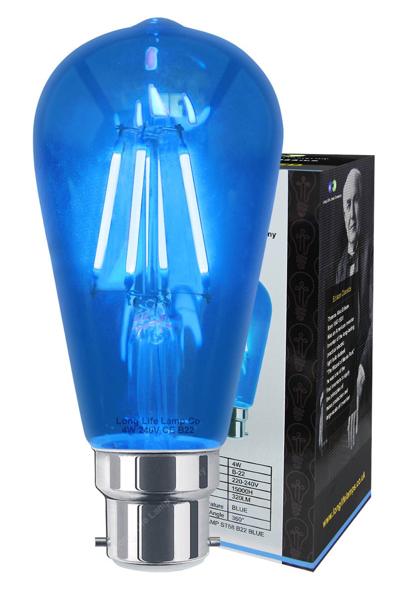 4w Blue LED Vintage Filament Light Bulb B22 Clear Glass ST58 Ambient Lighting - Energy Light Bulbs - Free delivery on all orders