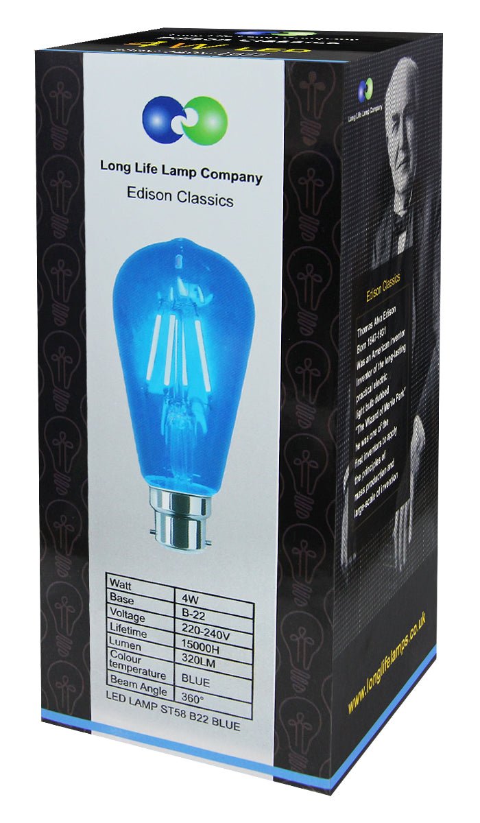 4w Blue LED Vintage Filament Light Bulb B22 Clear Glass ST58 Ambient Lighting - Energy Light Bulbs - Free delivery on all orders