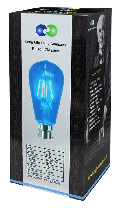 4w Blue LED Vintage Filament Light Bulb B22 Clear Glass ST58 Ambient Lighting - Energy Light Bulbs - Free delivery on all orders