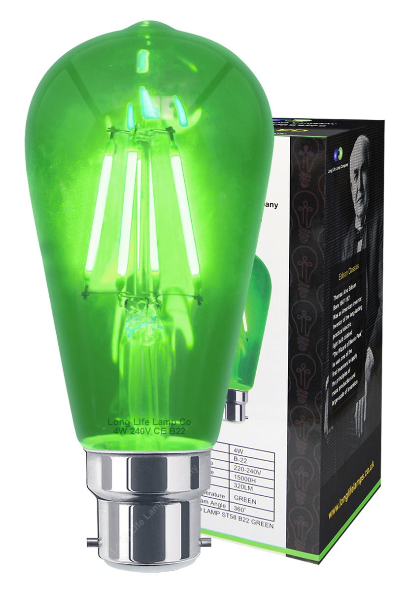 4w Green LED Vintage Filament Light Bulb B22 Clear Glass ST58 Ambient Lighting - Energy Light Bulbs - Free delivery on all orders
