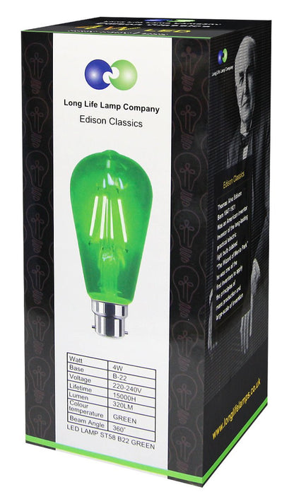 4w Green LED Vintage Filament Light Bulb B22 Clear Glass ST58 Ambient Lighting - Energy Light Bulbs - Free delivery on all orders