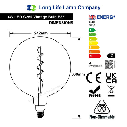 4w Industrial Vintage LED Globe E27 Amber Smoked Glass - Free delivery on all orders