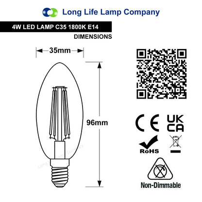 4w LED Candle E14 Filament Light Bulb Small Edison Screw Clear Glass 1800 Kelvin 2 Pack - Energy Light Bulbs - Free delivery on all orders