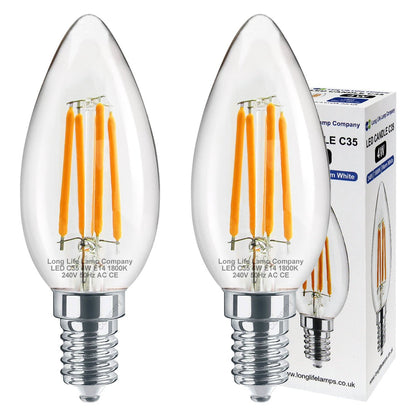 4w LED Candle E14 Filament Light Bulb Small Edison Screw Clear Glass 1800 Kelvin 2 Pack - Energy Light Bulbs - Free delivery on all orders