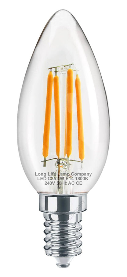 4w LED Candle E14 Filament Light Bulb Small Edison Screw Clear Glass 1800 Kelvin 2 Pack - Energy Light Bulbs - Free delivery on all orders