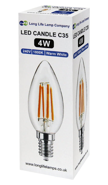 4w LED Candle E14 Filament Light Bulb Small Edison Screw Clear Glass 1800 Kelvin 2 Pack - Energy Light Bulbs - Free delivery on all orders