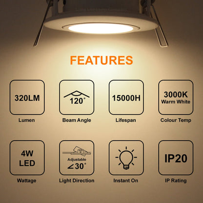 4w LED Ceiling Downlight White Recessed Adjustable Spot Light Warm White DWBWW or Cool White DWBCW - Free delivery on all orders