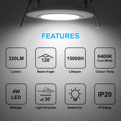 4w LED Ceiling Downlight White Recessed Adjustable Spot Light Warm White DWBWW or Cool White DWBCW - Free delivery on all orders