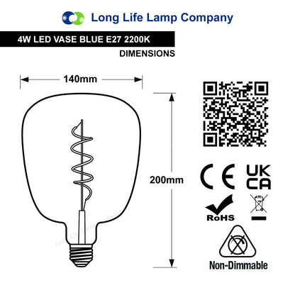 4w LED Decorative Blue Vase Light Bulb E27 Glass Body Coil Spiral Filament - Energy Light Bulbs - Free delivery on all orders
