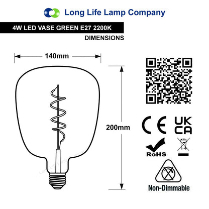 4w LED Decorative Green Vase Light Bulb E27 Glass Body Coil Spiral Filament - Energy Light Bulbs - Free delivery on all orders
