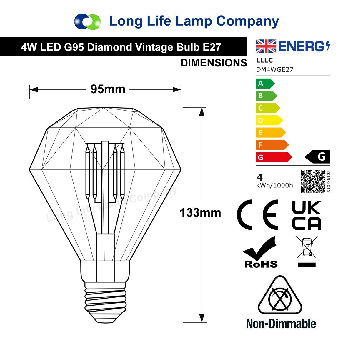 4W LED E27 Elegant Vintage Filament Light Bulb Diamond Shape Smoked Glass G95 - Free delivery on all orders