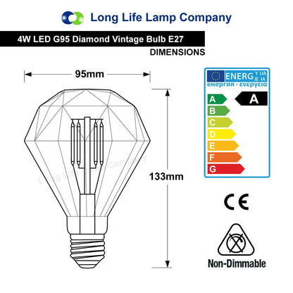 4W LED E27 Elegant Vintage Filament Light Bulb Diamond Shape Smoked Glass G95 - Energy Light Bulbs - Free delivery on all orders