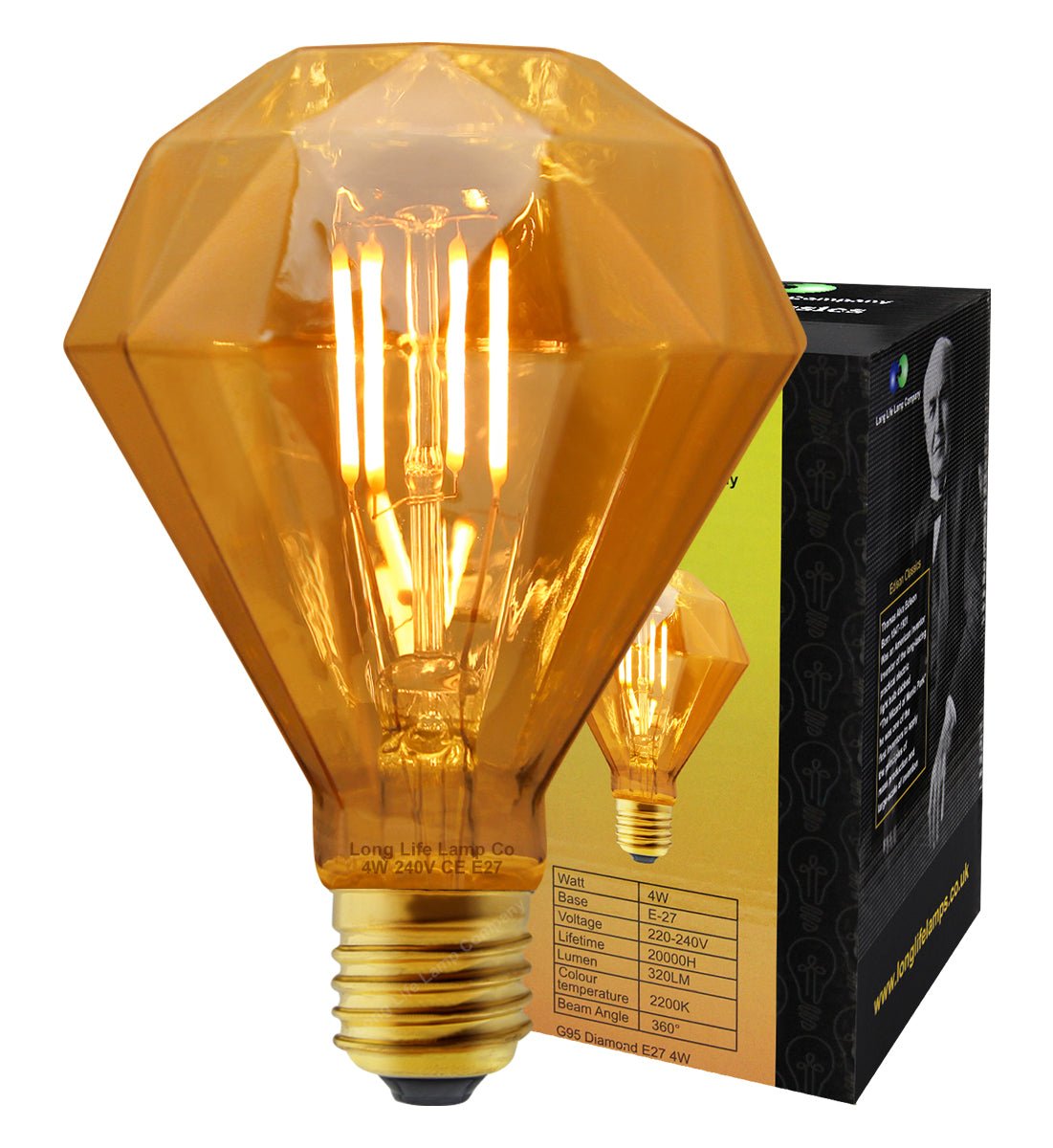 4W LED E27 Elegant Vintage Filament Light Bulb Diamond Shape Smoked Glass G95 - Energy Light Bulbs - Free delivery on all orders