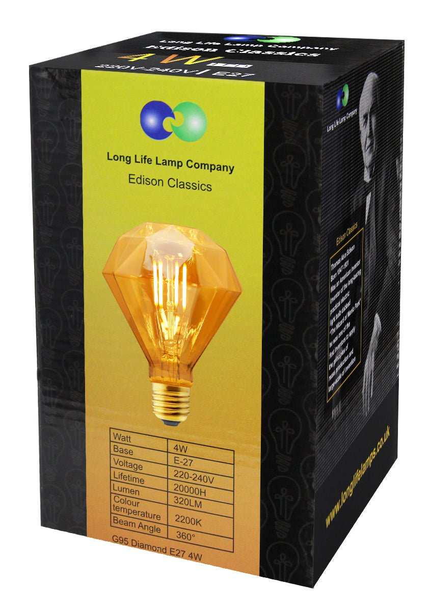 4W LED E27 Elegant Vintage Filament Light Bulb Diamond Shape Smoked Glass G95 - Energy Light Bulbs - Free delivery on all orders