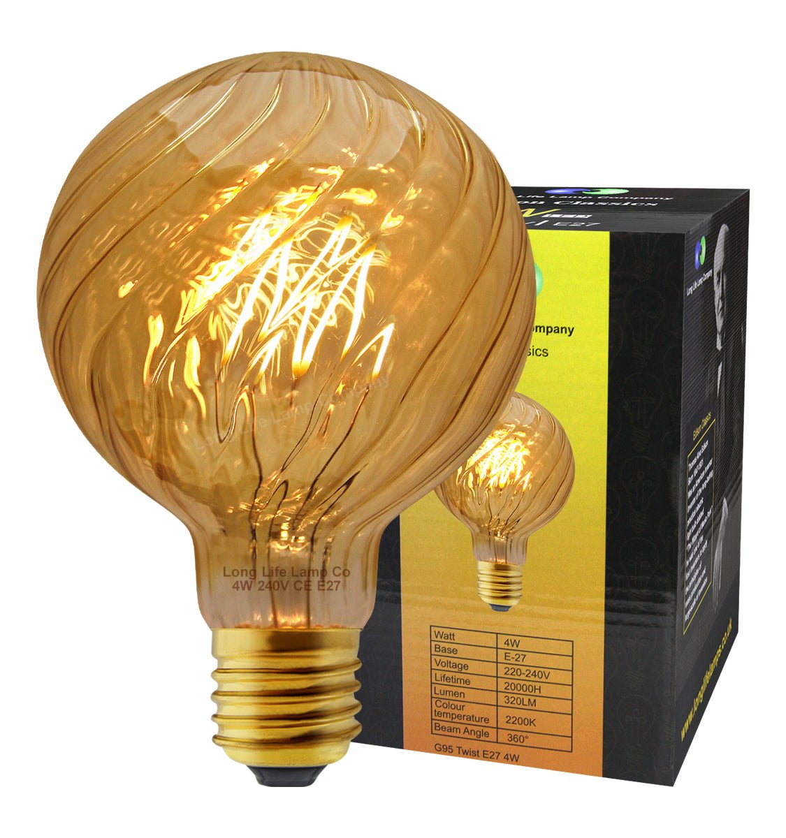 4w LED E27 Vintage Twisted Globe Edison Style Filament Bulb Smoked Gold Glass G95 - Energy Light Bulbs - Free delivery on all orders