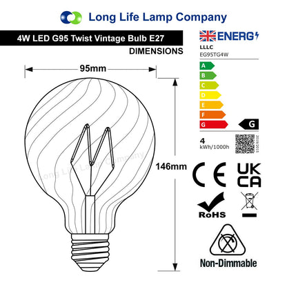 4w LED E27 Vintage Twisted Globe Edison Style Filament Bulb Smoked Gold Glass G95 - Free delivery on all orders