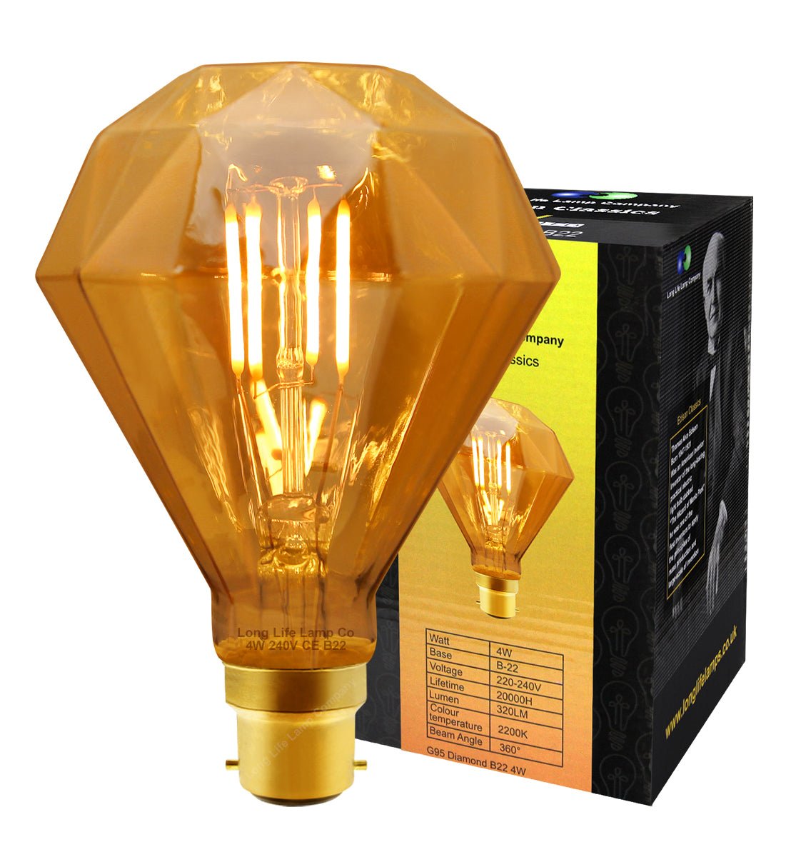 4w LED Elegant Vintage Filament Light Bulb B22 Diamond Shape Smoked Glass G95 - Energy Light Bulbs - Free delivery on all orders
