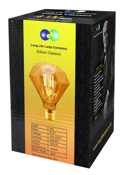 4w LED Elegant Vintage Filament Light Bulb B22 Diamond Shape Smoked Glass G95 - Energy Light Bulbs - Free delivery on all orders
