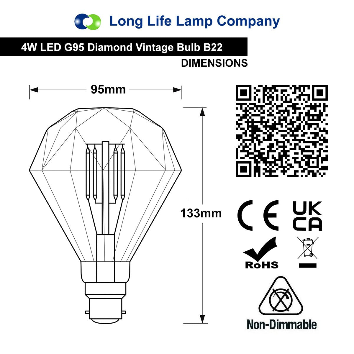 4w LED Elegant Vintage Filament Light Bulb B22 Diamond Shape Smoked Glass G95 - Energy Light Bulbs - Free delivery on all orders