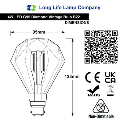 4w LED Elegant Vintage Filament Light Bulb B22 Diamond Shape Smoked Glass G95 - Energy Light Bulbs - Free delivery on all orders
