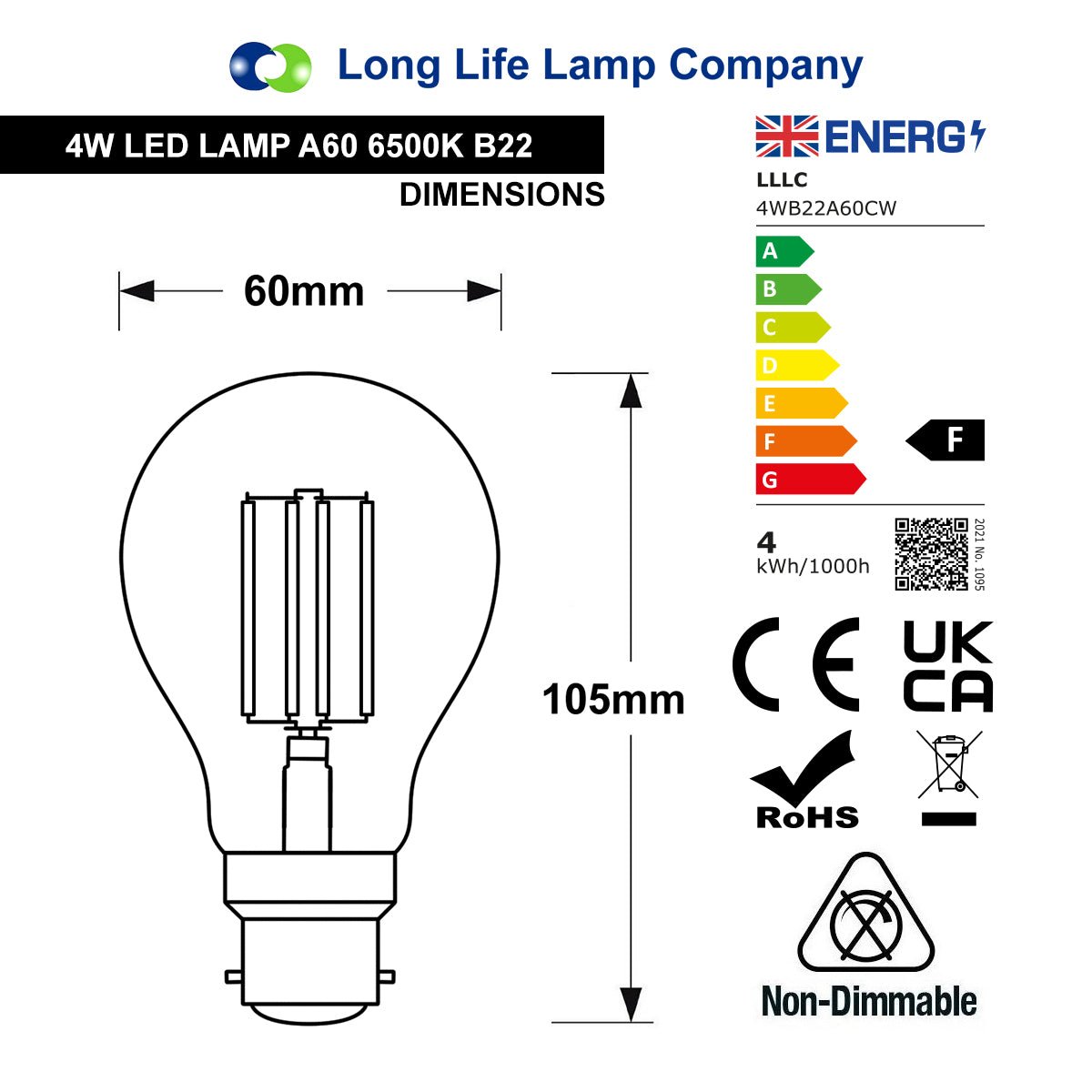 4W LED Filament Bulb B22 A60 Cool White 6500K Clear Glass - Free delivery on all orders