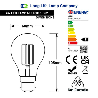 4W LED Filament Bulb B22 A60 Cool White 6500K Clear Glass - Free delivery on all orders