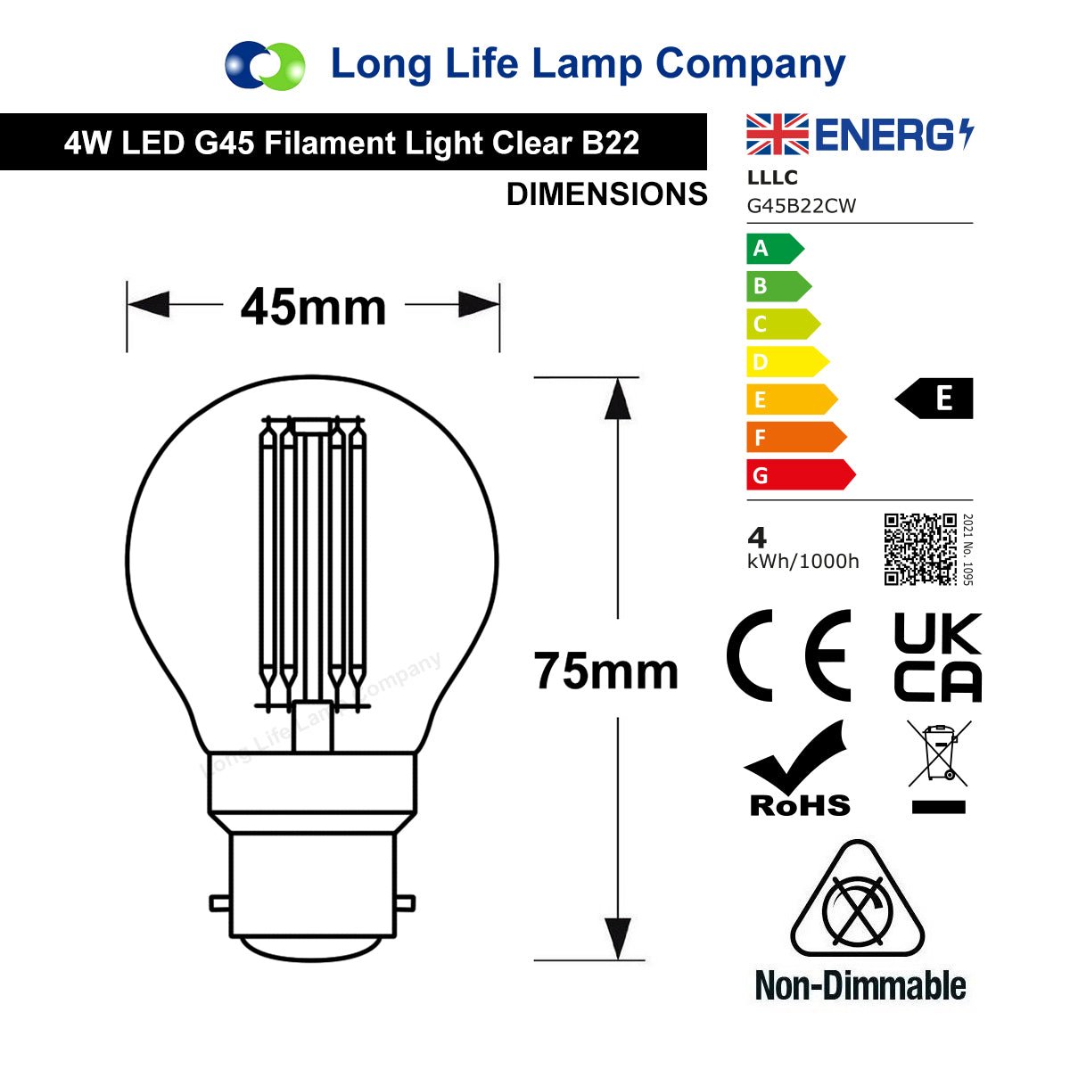 4w LED Filament Golf Ball Light Bulb B22 Cool White Clear Glass Pack Of 2 - Energy Light Bulbs - Free delivery on all orders