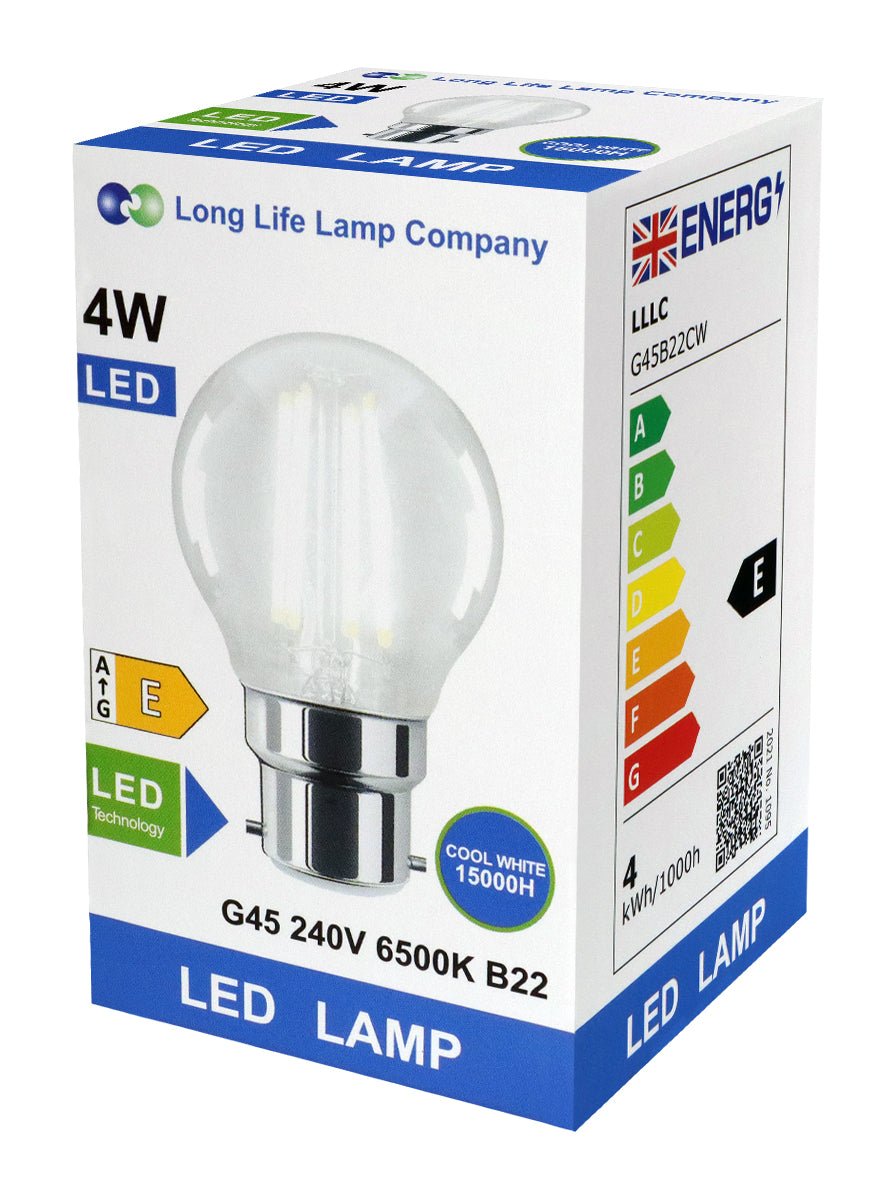4w LED Filament Golf Ball Light Bulb B22 Cool White Clear Glass Pack Of 2 - Energy Light Bulbs - Free delivery on all orders