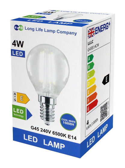 4w LED Filament Golf Ball Light Bulb E14 Cool White Clear Glass Pack Of 2 - Energy Light Bulbs - Free delivery on all orders