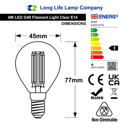 4w LED Filament Golf Ball Light Bulb E14 Cool White Clear Glass Pack Of 2 - Energy Light Bulbs - Free delivery on all orders