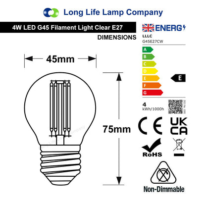 4w LED Filament Golf Ball Light Bulb E27 Cool White Clear Glass Pack of 2 - Energy Light Bulbs - Free delivery on all orders