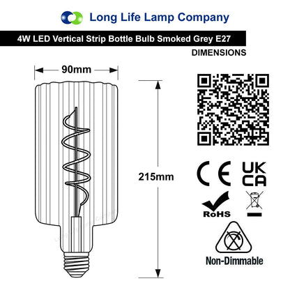 4w LED Glass Vertical Strip Bottle Light Bulb Smoked Grey E27 Coil Filament - Energy Light Bulbs - Free delivery on all orders