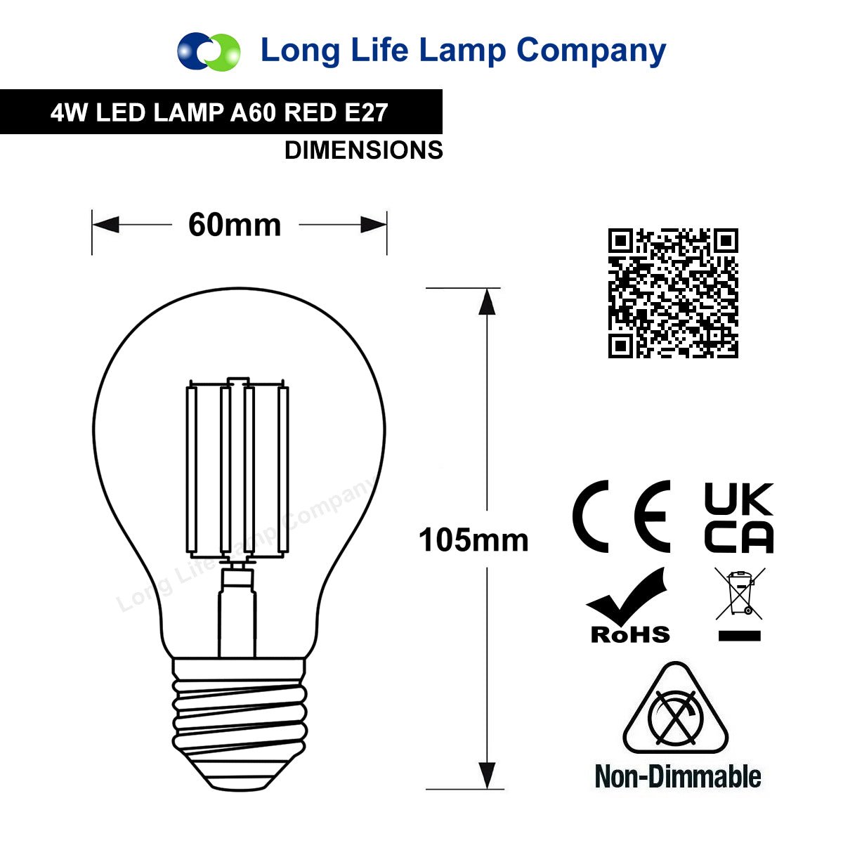4W LED RED Light Bulb E27 Screw Cap Glass A60 - Free delivery on all orders