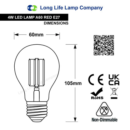 4W LED RED Light Bulb E27 Screw Cap Glass A60 - Free delivery on all orders