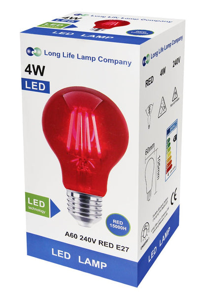 4W LED RED Light Bulb E27 Screw Cap Glass A60 - Energy Light Bulbs - Free delivery on all orders