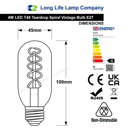 4w LED Vintage Edison Style Spiral Filament Bulb Smoked Gold Glass E27 Teardrop T45 - Free delivery on all orders