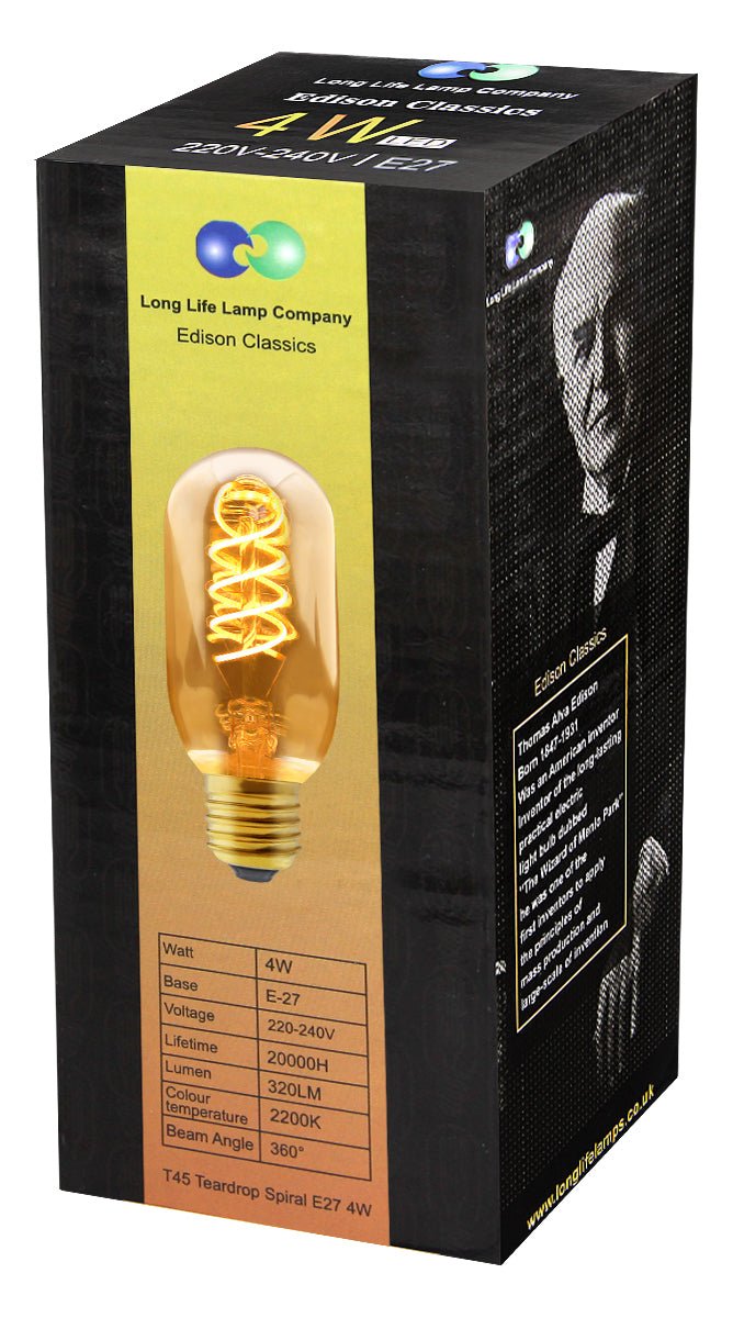 4w LED Vintage Edison Style Spiral Filament Bulb Smoked Gold Glass E27 Teardrop T45 - Energy Light Bulbs - Free delivery on all orders