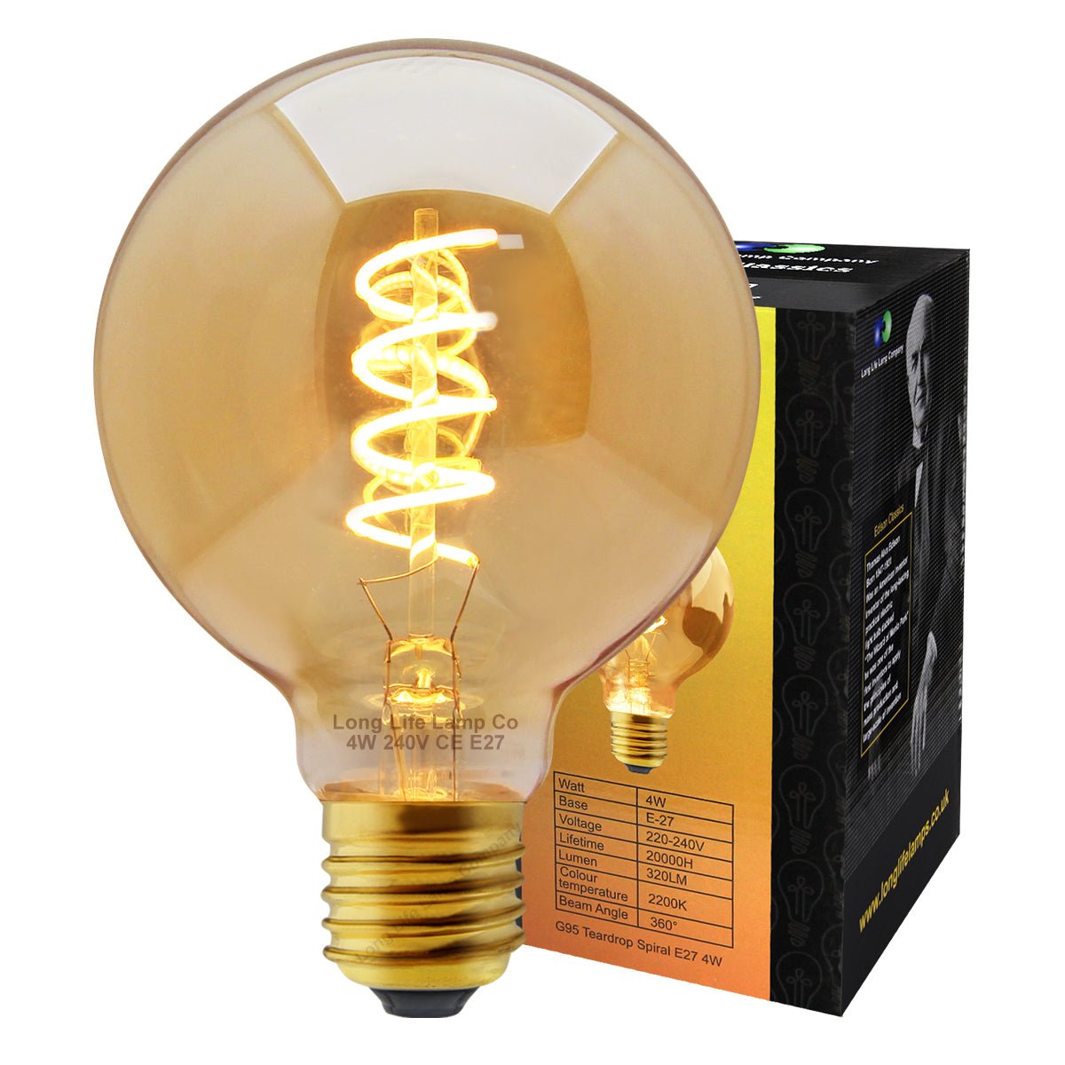 4w LED Vintage Globe Blub E27 Filament Teardrop Spiral G95 - Energy Light Bulbs - Free delivery on all orders