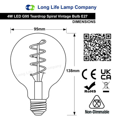 4w LED Vintage Globe Blub E27 Filament Teardrop Spiral G95 - Energy Light Bulbs - Free delivery on all orders