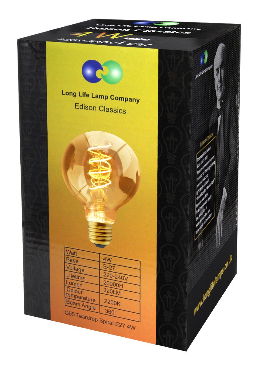 4w LED Vintage Globe Blub E27 Filament Teardrop Spiral G95 - Energy Light Bulbs - Free delivery on all orders