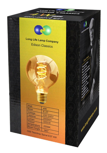 4w LED Vintage Globe Blub E27 Filament Teardrop Spiral G95 - Energy Light Bulbs - Free delivery on all orders